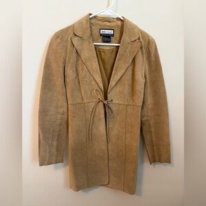 Wet Seal Y2K Grail Tan Leather Longline Jacket with Tie Closure